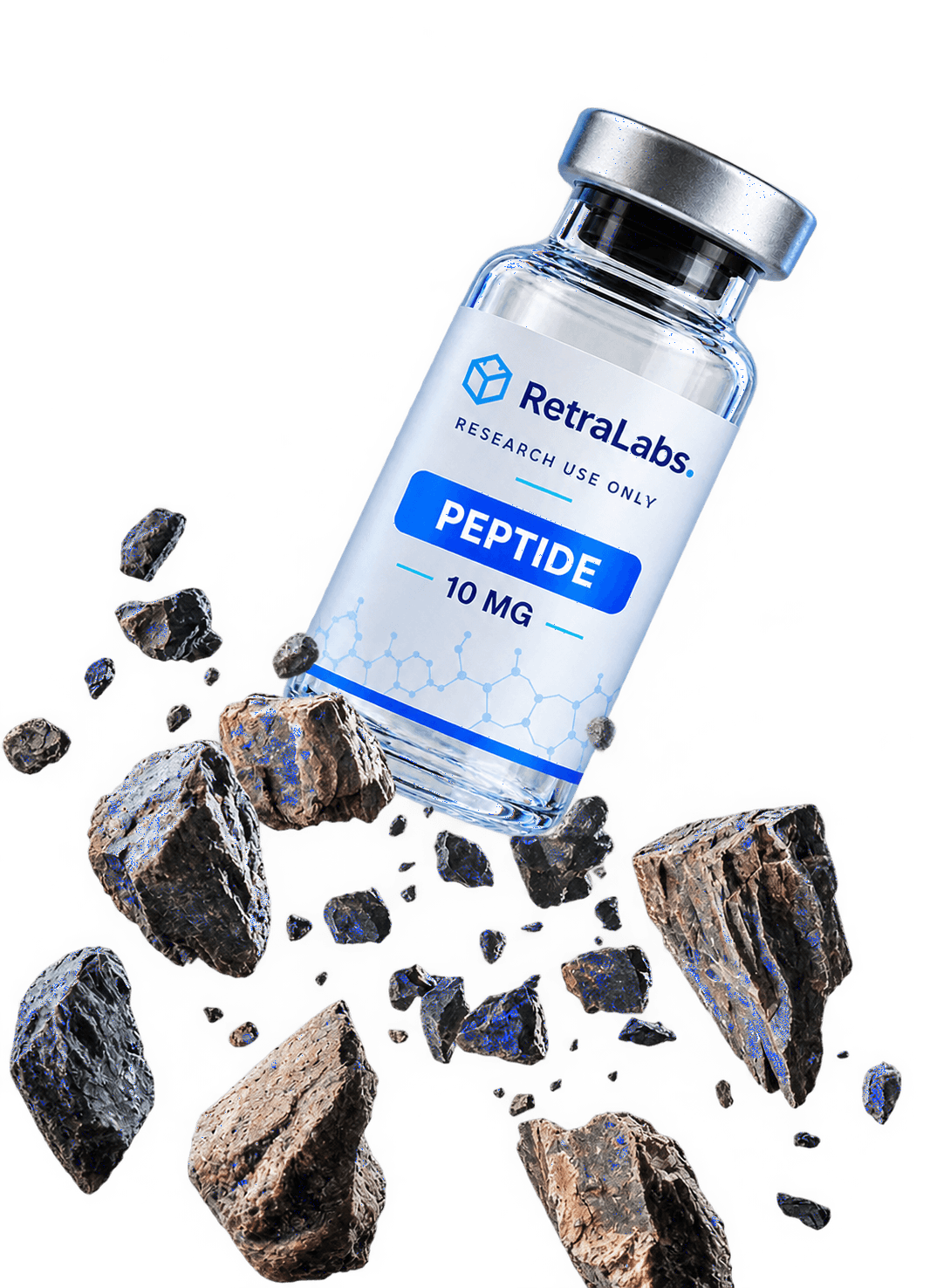 RetraLabs Peptide Vial Among Rocks